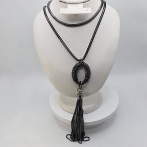 Vtg VERONESE Signed Long Tassel Necklace Black Textured Pendant Snake Chain 28"